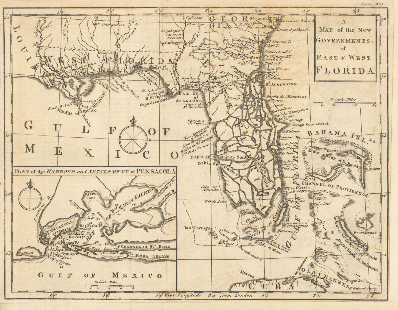 A Map of the New Governments of East & West Florida. Pensacola. GIBSON 1763